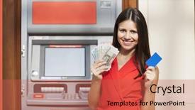  Presentation with credit card - PPT theme having rouble - young happy brunette woman withdrawing background and a red colored foreground