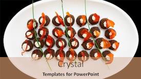  Presentation with appetizers - Presentation design consisting of round-appetizers-on-plate-shot background and a coral colored foreground