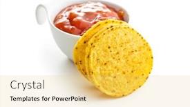  Presentation with dip - Presentation consisting of round corn nacho chips and tomato dip yellow tortilla chips and salsa isolated on white background background and a yellow colored foreground