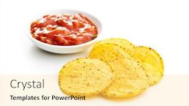  Presentation with dip - Beautiful presentation design featuring round corn nacho chips and tomato dip yellow tortilla chips and salsa isolated on white background backdrop and a yellow colored foreground