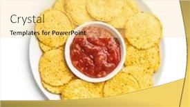  Presentation with corn - Presentation theme with round corn nacho chips and tomato dip yellow tortilla chips and salsa isolated on white background background and a blonde colored foreground