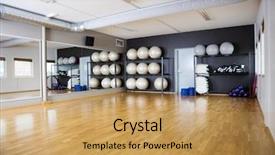  Presentation with exercise - Colorful slide deck enhanced with round dance - exercise balls arranged in shelves backdrop and a yellow colored foreground