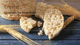  Presentation with round table - Audience pleasing theme consisting of round rice crispbreads and spikelets on table backdrop and a coral colored foreground