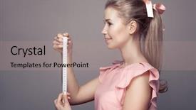  Presentation with tape measure - Cool new PPT theme with round shoulder - attractive young woman holding tape backdrop and a  colored foreground