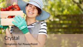  Presentation with tomato - PPT theme enhanced with round shoulder - portrait of brunette with tomato background and a coral colored foreground