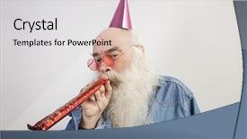 Presentation with party - PPT theme consisting of round shoulder - senior man wearing party hat background and a light gray colored foreground