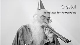  Presentation with party - Presentation design consisting of round shoulder - senior man wearing party hat background and a  colored foreground