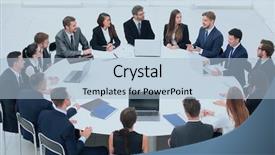  Presentation with conference table - Audience pleasing slide set consisting of round table - meeting business partners backdrop and a light blue colored foreground