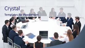  Presentation with conference - Slide deck with round table - meeting business partners background and a sky blue colored foreground