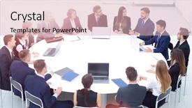  Presentation with conference table - PPT layouts having round table meeting - head of the company speaks background and a lemonade colored foreground