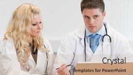  Presentation with employees working together - Beautiful PPT theme featuring round table meeting - two doctors working together backdrop and a coral colored foreground