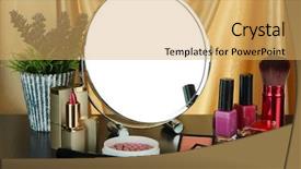  Presentation with round table - Amazing slides having round table mirror with cosmetics and flowers on table on fabric background backdrop and a yellow colored foreground