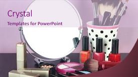  Presentation with round table - Audience pleasing PPT theme consisting of round table mirror with cosmetics on table on violet background backdrop and a lemonade colored foreground