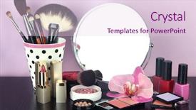  Presentation with round table - Cool new presentation design with round table mirror with cosmetics and flower on table on violet background backdrop and a lemonade colored foreground