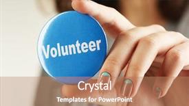  Presentation with camp volunteer orientation - Audience pleasing presentation design consisting of round volunteer button in hand close-up backdrop and a coral colored foreground