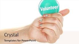  Presentation with volunteer - Slide deck with round volunteer button in hand isolated on white background and a lemonade colored foreground