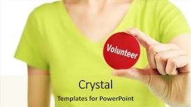  Presentation with volunteer - Colorful PPT layouts enhanced with round volunteer button in hand of girl isolated on white backdrop and a yellow colored foreground