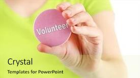  Presentation with volunteer - PPT layouts enhanced with round volunteer button in hand of girl isolated on white background and a yellow colored foreground