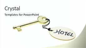  Presentation with hotel key - Presentation theme with round wooden tag with hotel text on a key isolated on white background background and a white colored foreground