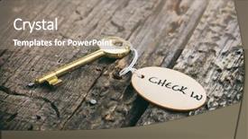  Presentation with hotel key - Cool new presentation design with round wooden tag with hotel backdrop and a gray colored foreground