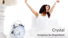  Presentation with stretch - Beautiful presentation theme featuring rouse - tired sleepy woman waking up backdrop and a sky blue colored foreground