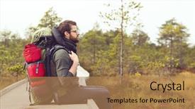  Presentation with camp - Beautiful PPT theme featuring route free - bearded man sitting in swamps backdrop and a coral colored foreground