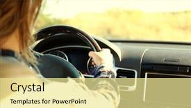  Presentation with road safety drive - Audience pleasing PPT theme consisting of route free - young female driver in car backdrop and a blonde colored foreground