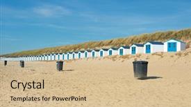  Presentation with blue - Audience pleasing presentation design consisting of row blue and white beach cabins for vacation surpose backdrop and a soft green colored foreground