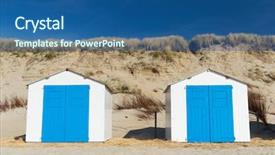  Presentation with white and navy blue - PPT theme enhanced with row blue and white beach cabins for vacation surpose background and a ocean colored foreground