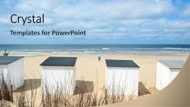  Presentation with white and navy blue - Colorful theme enhanced with blue and white beach cabins backdrop and a light blue colored foreground