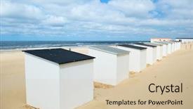  Presentation with blue - Theme enhanced with row blue and white beach cabins for vacation surpose background and a soft green colored foreground