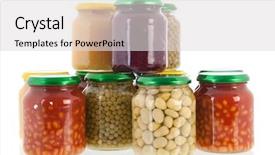  Presentation with canned food - Audience pleasing PPT theme consisting of row glass pots with canned backdrop and a light gray colored foreground