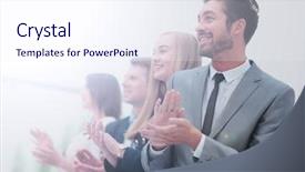  Presentation with five business people standing together and smiling - Beautiful slides featuring row looking in same direction backdrop and a sky blue colored foreground