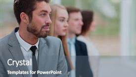  Presentation with five business people standing together and smiling - Beautiful theme featuring row looking in same direction backdrop and a ocean colored foreground