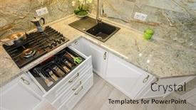  Presentation with kitchen utensils - Cool new PPT theme with row-o-drawers-with-kitchen backdrop and a light gray colored foreground