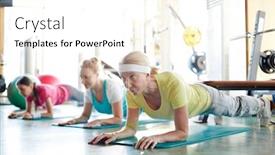  Presentation with females - Slides with row of active mature females doing planks on the floor in fitness center background and a white colored foreground