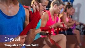  Presentation with bandages - Cool new slides with row of athletes wrapping bandages on hands at fitness studio backdrop and a tawny brown colored foreground
