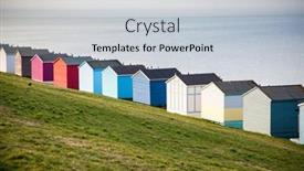  Presentation with british - Audience pleasing presentation theme consisting of row-of-beach-huts backdrop and a light gray colored foreground