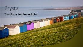  Presentation with british - Slide set having row of beach huts in tankerton near whitstable in kent - british summer background and a light blue colored foreground