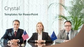  Presentation with meeting table - Presentation theme featuring row-of-business-partners background and a cool aqua colored foreground