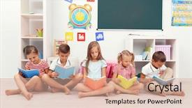  Presentation with children books - Colorful presentation theme enhanced with row of children reading backdrop and a coral colored foreground