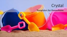  Presentation with dark blue world globe space - Amazing slides having row of colorful beach buckets backdrop and a light blue colored foreground