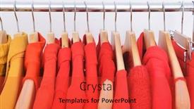  Presentation with hang - Slide deck enhanced with row of colorful sweater clothes hang on a shelf in a clothes store background and a red colored foreground