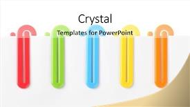  Presentation with plastic - Slides with row of colourful plastic paper clips on white background background and a white colored foreground