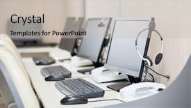  Presentation with headphones - Amazing PPT theme having row of computers with headphones backdrop and a light gray colored foreground