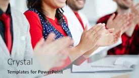  Presentation with speaker - Presentation theme having row of contemporary young businesspeople clapping their hands after report of speaker at conference background and a lemonade colored foreground