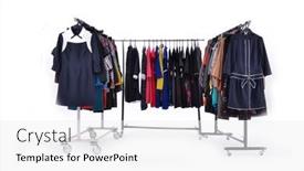  Presentation with females - Theme featuring row-of-different-clothes-dress background and a white colored foreground