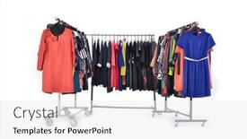  Presentation with females - PPT theme featuring row-of-different-clothes-dress background and a  colored foreground