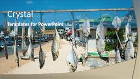  Presentation with sky sun - Presentation with row-of-dried-fish-hung background and a teal colored foreground