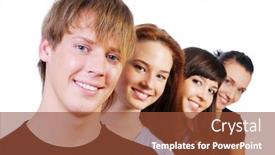  Presentation with teens - PPT theme consisting of row of face of four young smiling teens on white background and a tawny brown colored foreground